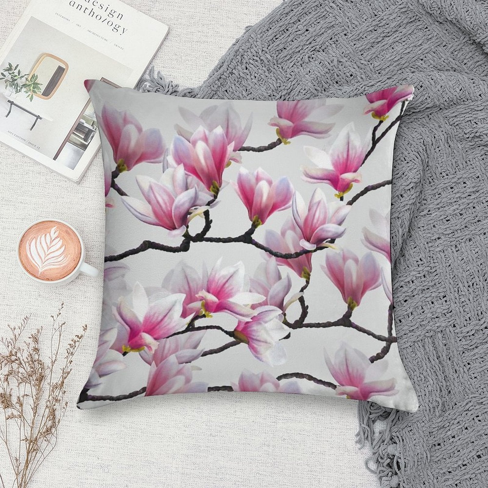 Pink Springtime Magnolia Blossom Soft Luxury Feel Throw Pillow