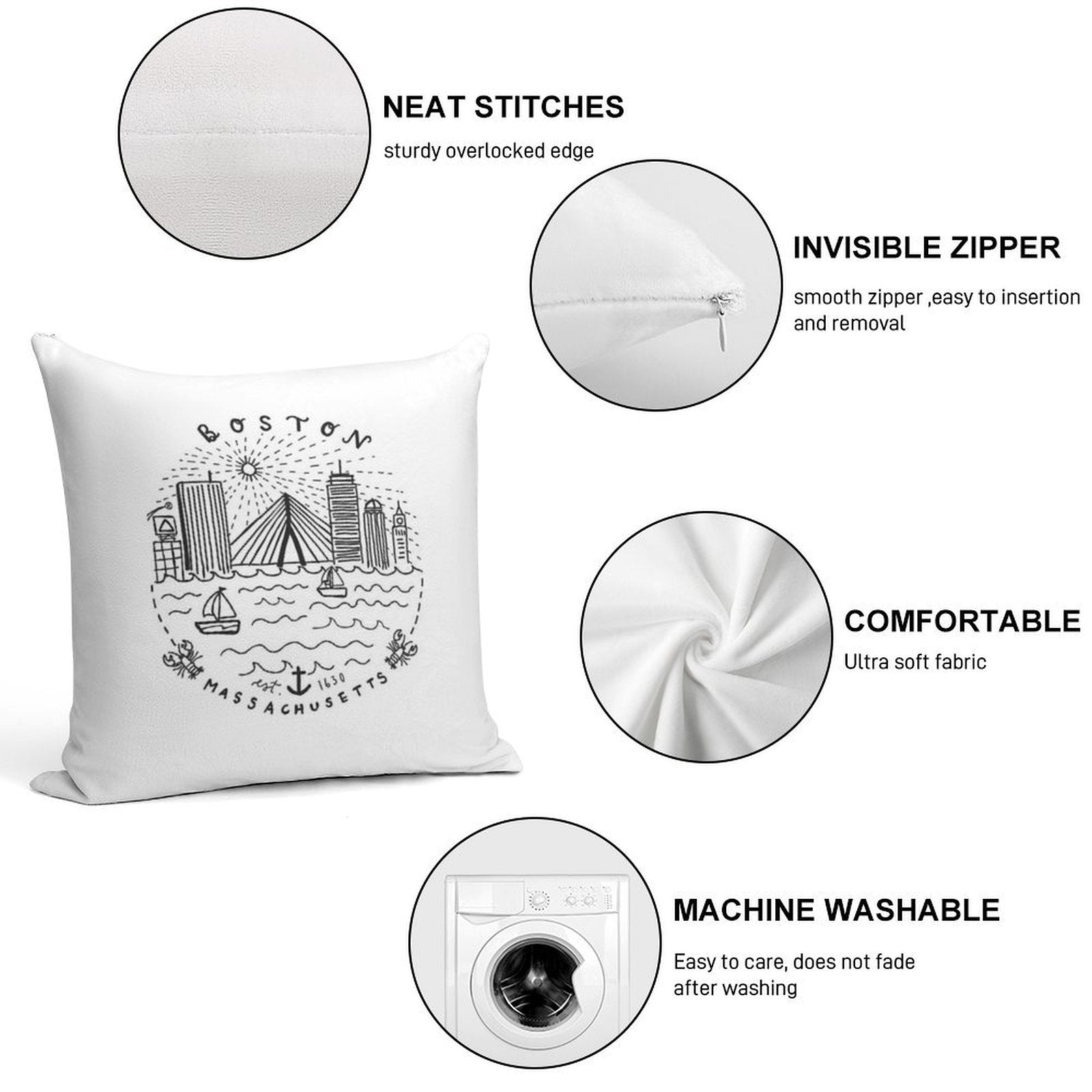 Boston Mass Skyline Collage Soft Ultra-Soft Texture Throw Pillow