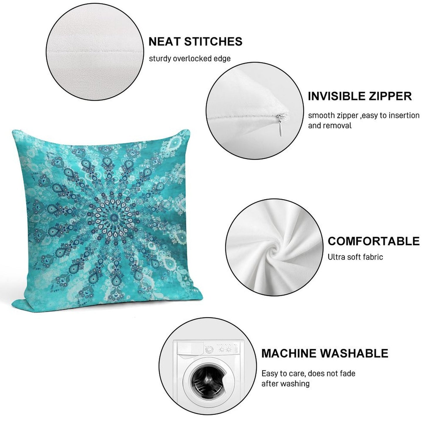 Turquoise Mandala Soft Hidden Zipper Throw Pillow