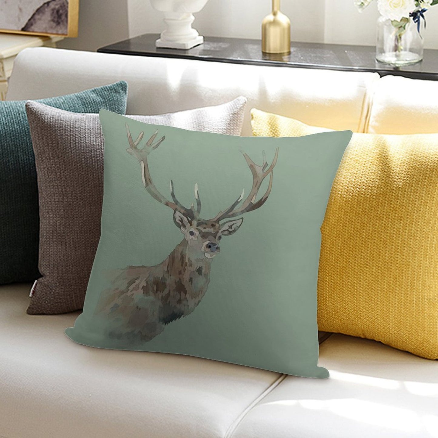 Watercolour Stag Green Soft Durable Construction Throw Pillow