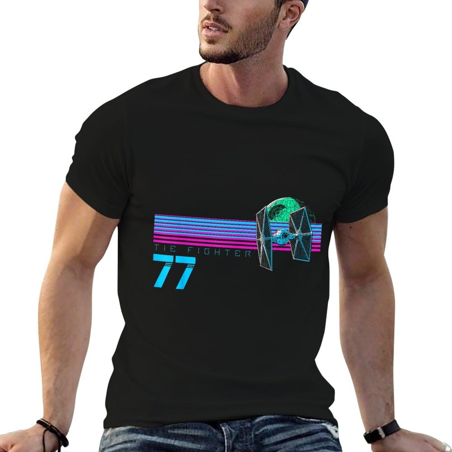 Star Wars Tie Fighter 77 Neon Retro Skyline Graphic Cotton T-Shirt