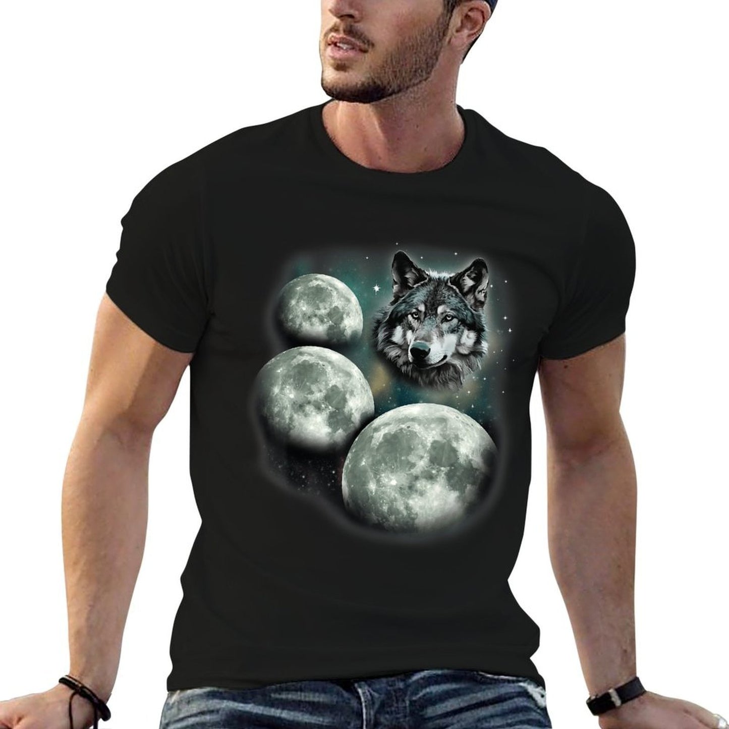 Three Moon Wolf 3 Moons Howling At Space Wolf Magic Meme Ribbed Collar T-Shirt