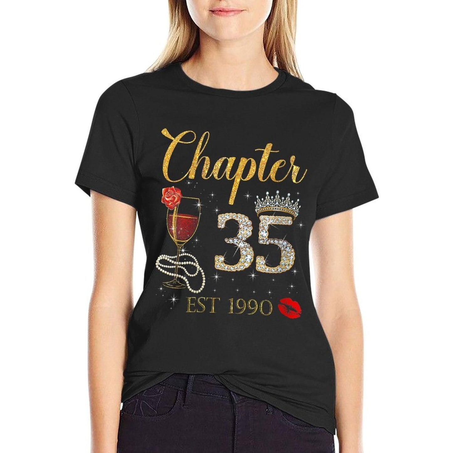 Womens Chapter 35 Est 1990 Happy Birthday 35th Rose Red Wine High-quality Stitching T-Shirt