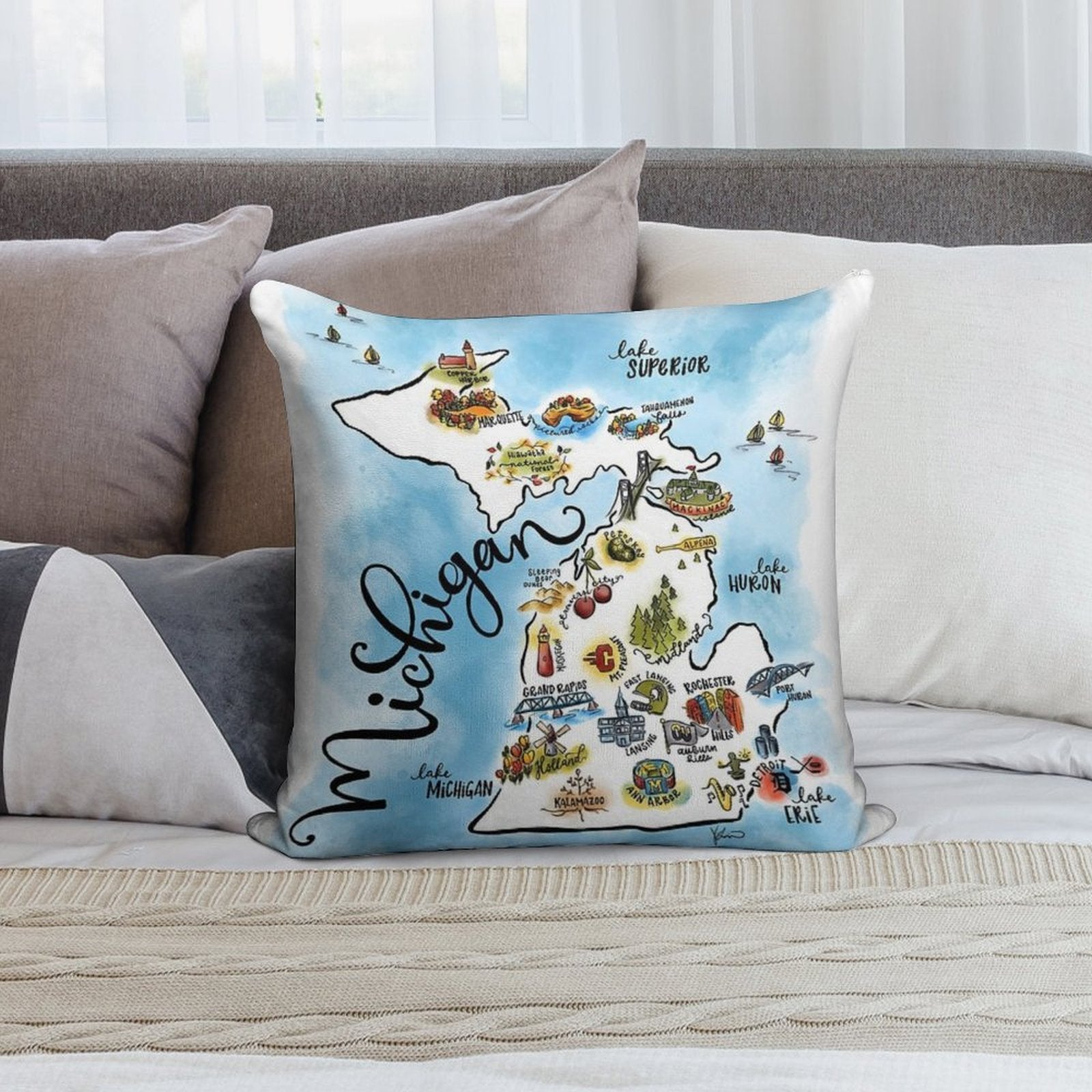 Map for Michiganers Soft Fade-Resistant Throw Pillow