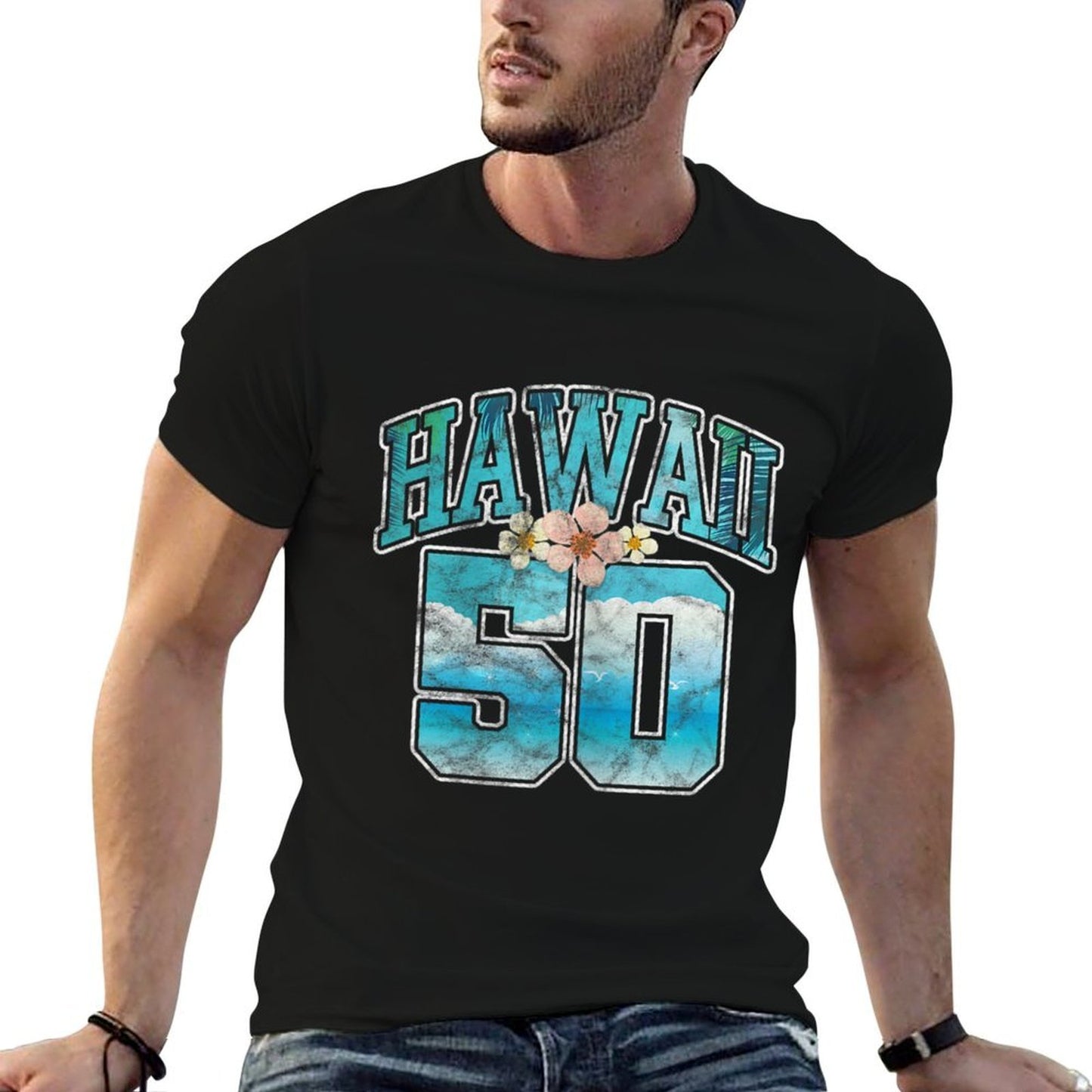 Womens Hawaii 50 50th Birthday Hawaiian Aloha Beach Hibiscus Grunge Breathable T-Shirt