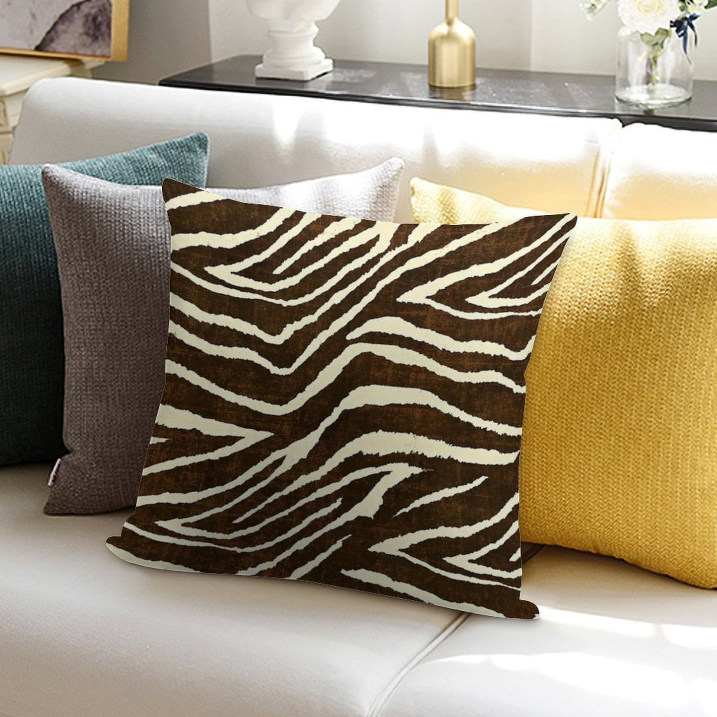 ZEBRA IN WINTER BROWN AND BEIGE ANIMAL PRINT Soft High-Density Material Throw Pillow