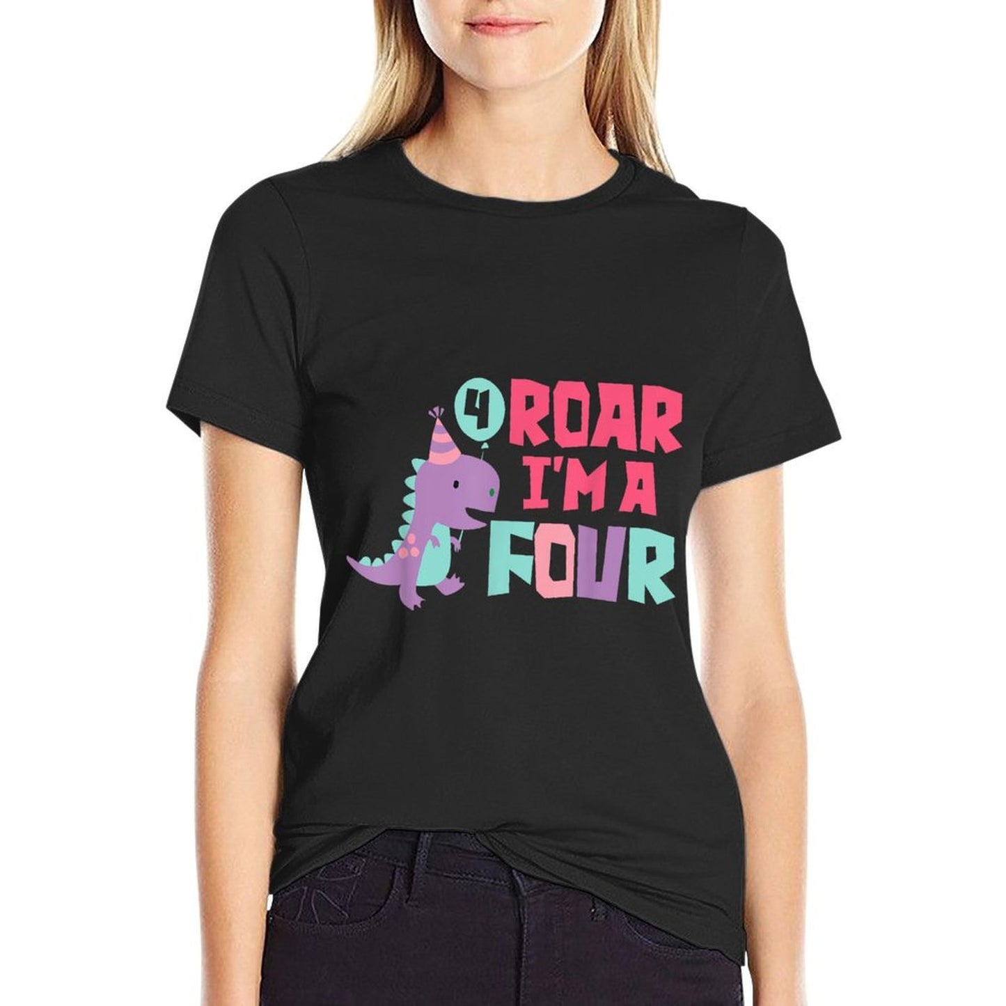 Roar I'm A Four 4th Birthday For Girl Saurus Rex Dinosaur Ribbed Collar T-Shirt