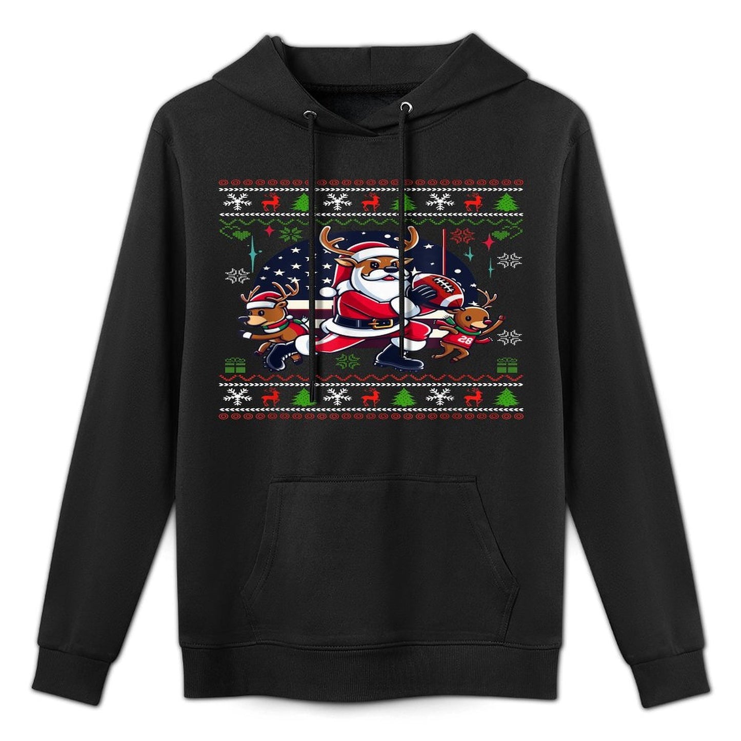 Santa Reindeer Play American Football Ugly Christmas Sweater Easy Care Hoodie