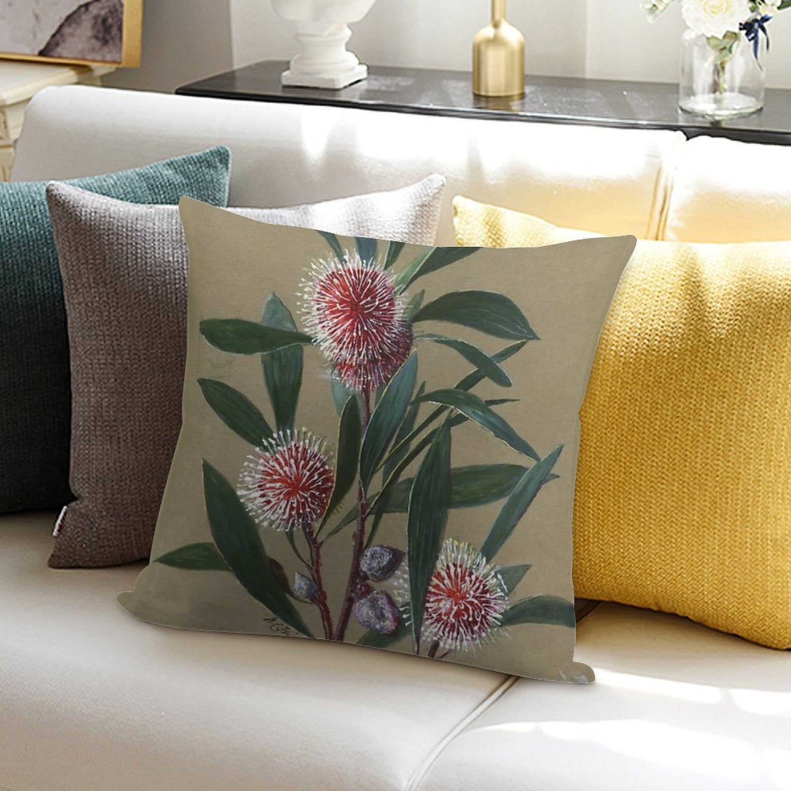 Australian Wildflower Watercolor Pincushion Hakea Soft High-Density Material Throw Pillow
