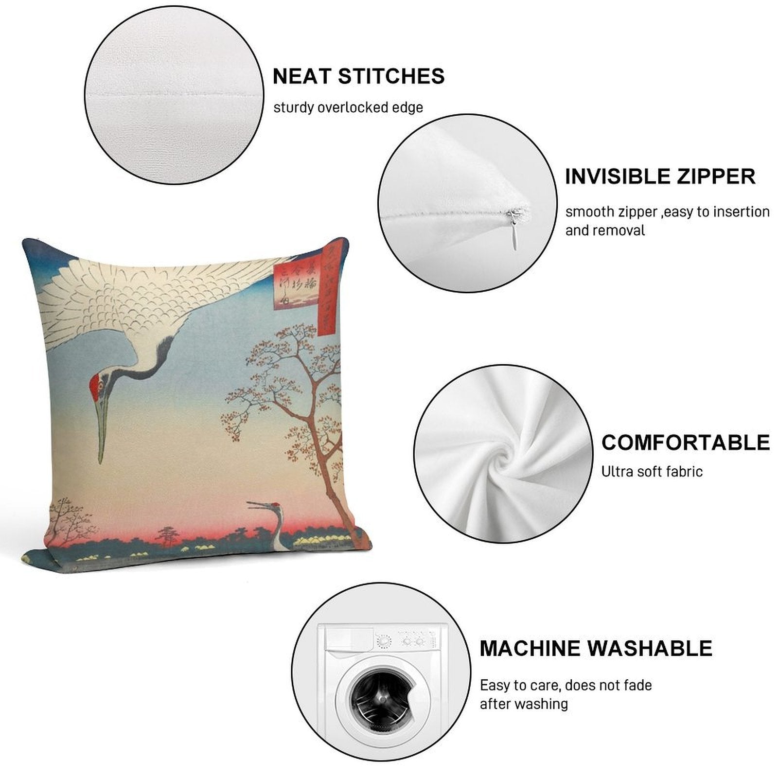 Red-crowned Crane Vintage Ukiyo-e Japanese Art Soft Short Plush Fabric Throw Pillow