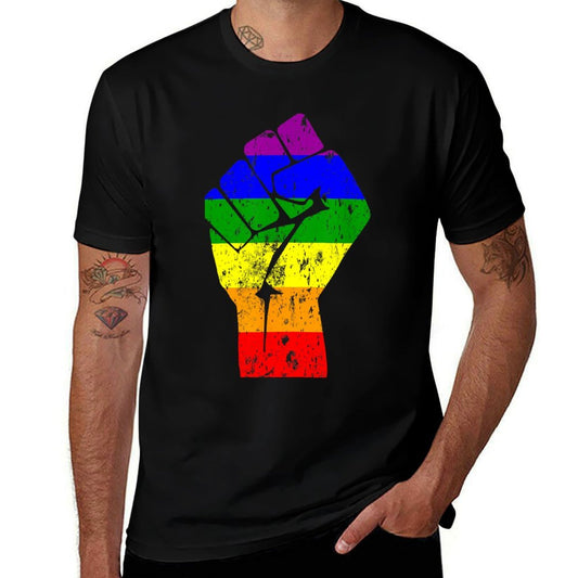 Resist Fist Rainbow Gay Pride  Ribbed Collar T-Shirt