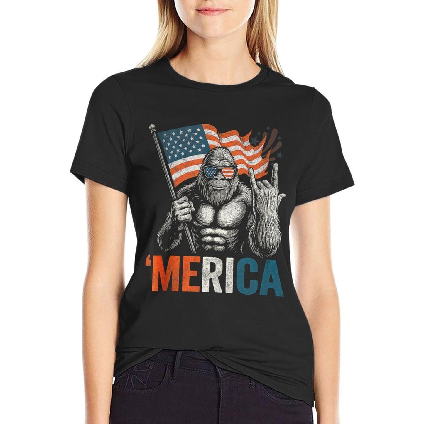 Vintage Bigfoot Merica Rock Usa Patriotic 4th of July Ribbed Collar T-Shirt