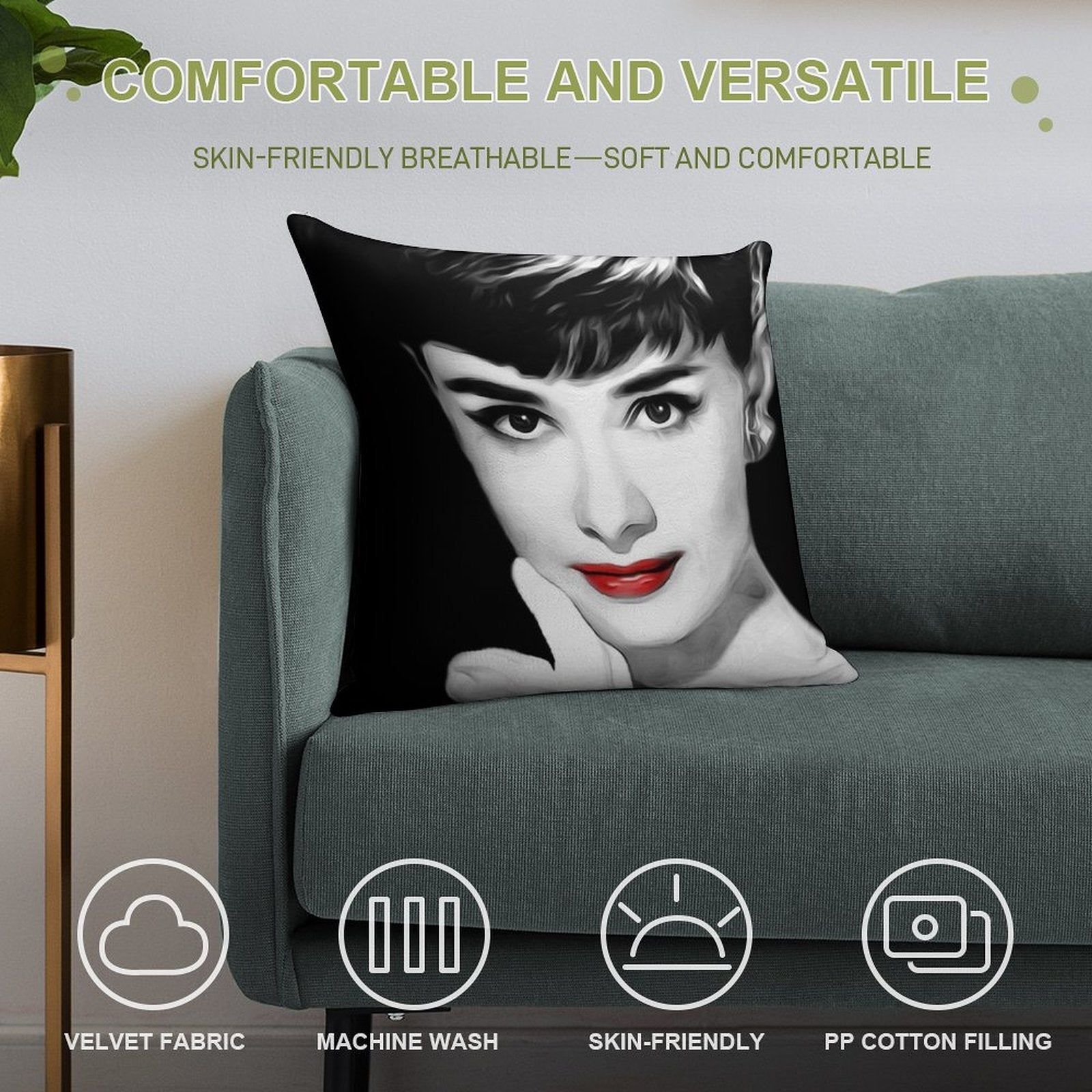 Audrey Hepburn Lips Soft Short Plush Fabric Throw Pillow