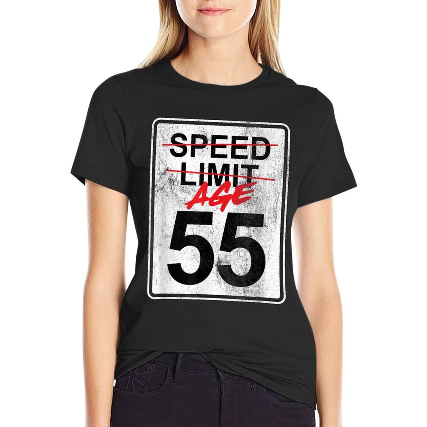 Speed Limit Sign Age 55 Funny 55th Birthday Design Ribbed Collar T-Shirt