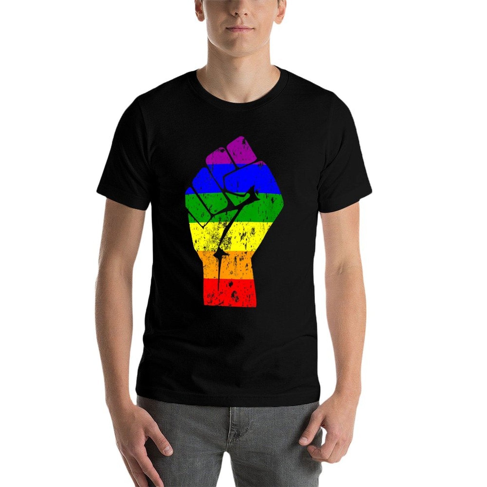 Resist Fist Rainbow Gay Pride  Ribbed Collar T-Shirt