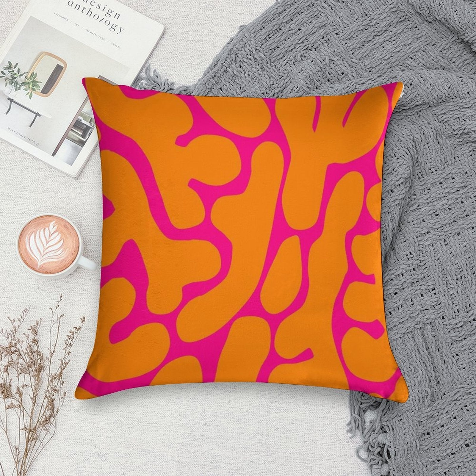 Preppy Coral Reefs Pattern in Pink And Orange Soft Bedroom Essential Throw Pillow