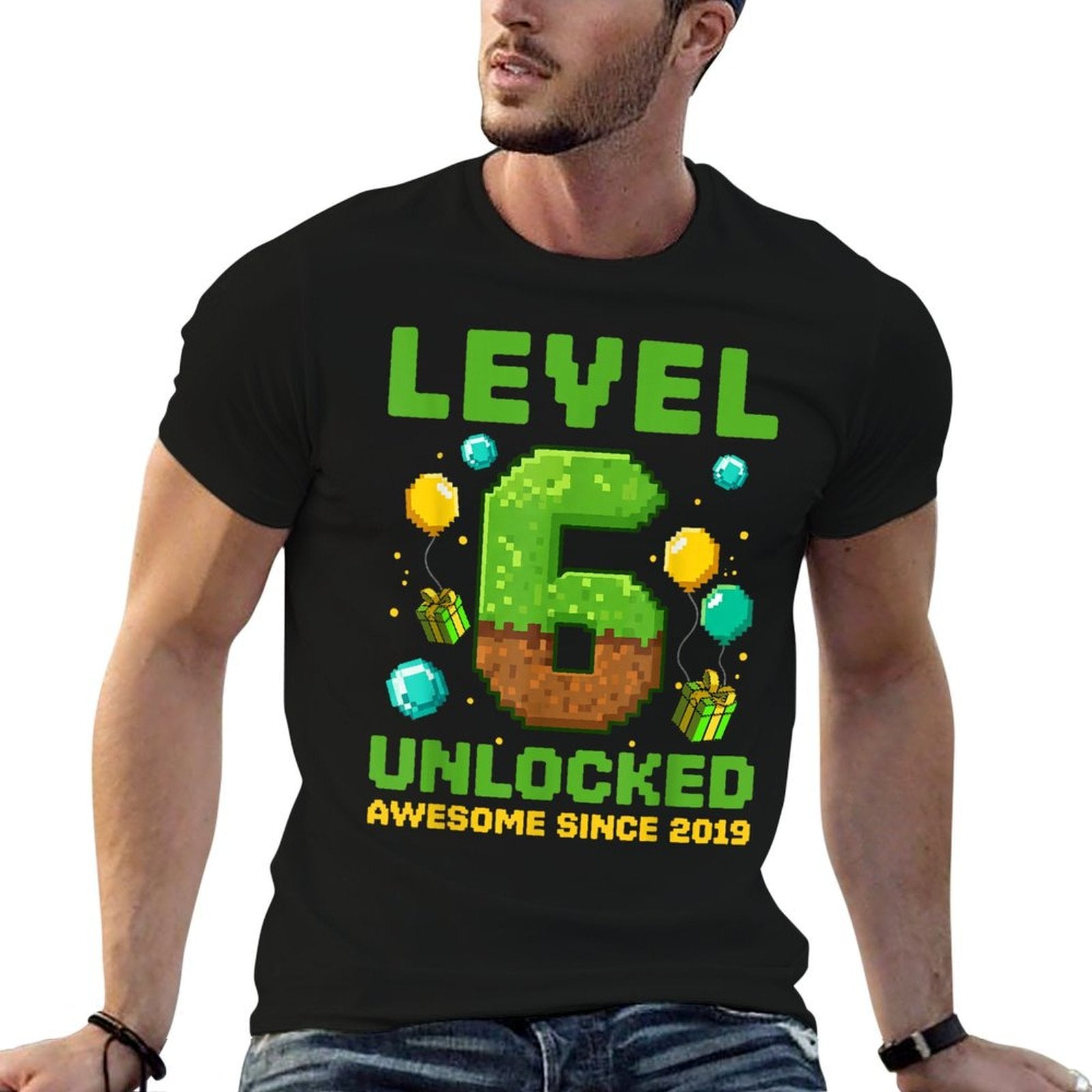 Level 6 Unlocked Awesome Since 2019 Pixel Birthday 6th  Graphic-printed T-Shirt
