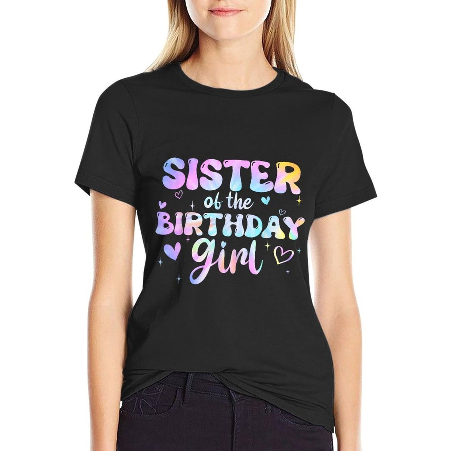 Sister of The Birthday Girl Tie Dye Colorful Groovy Bday Rolled Sleeves T-Shirt