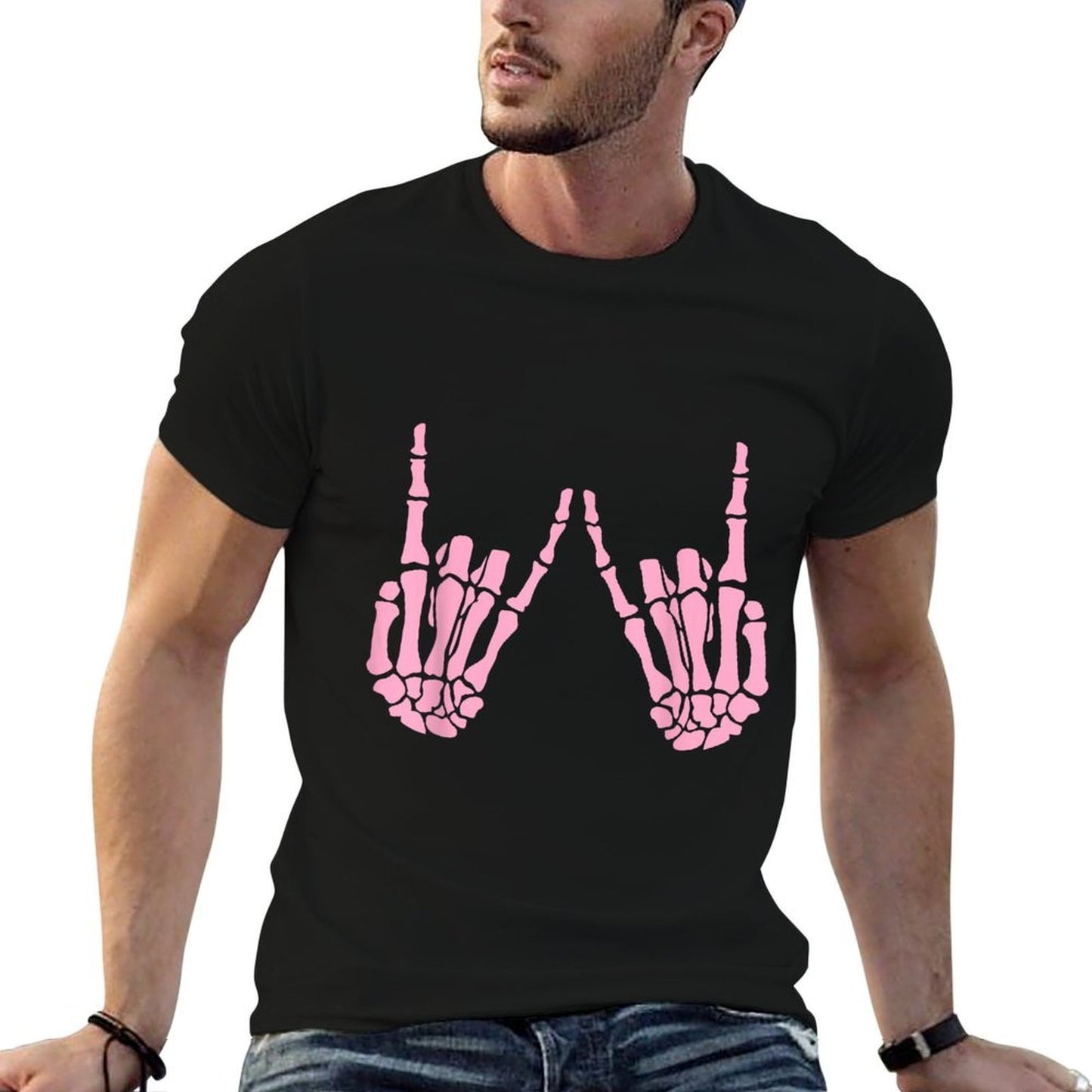 Skeleton Pink Rocker Hands Gothic Halloween Rock Music Polyester Blend T-Shirt