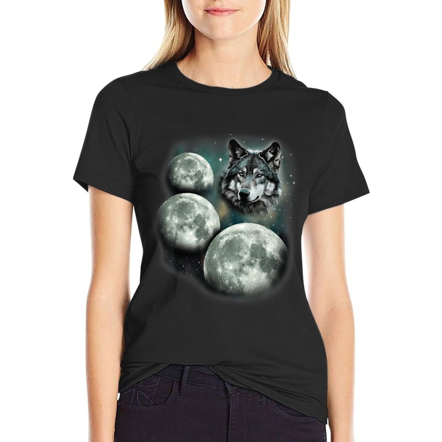 Three Moon Wolf 3 Moons Howling At Space Wolf Magic Meme Ribbed Collar T-Shirt
