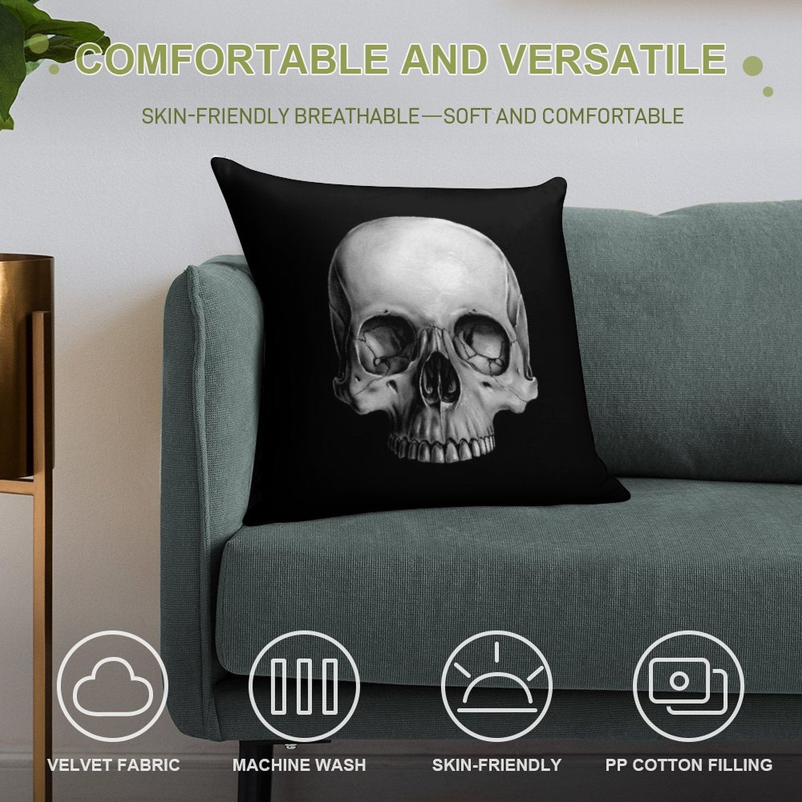 Half Skull Soft Home Decor Throw Pillow