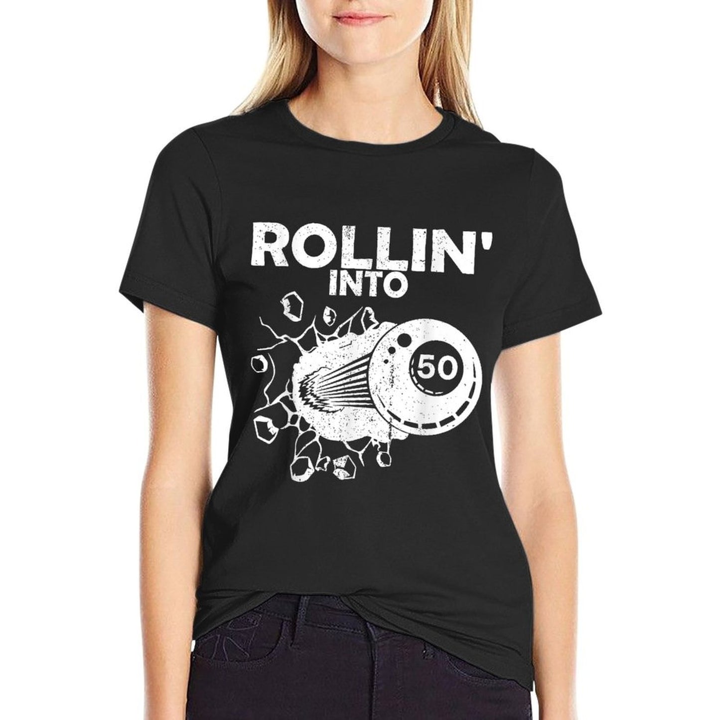 Rollin Into 50 Billiards 50th Birthday Flaming Billiard Ball Ribbed Collar T-Shirt