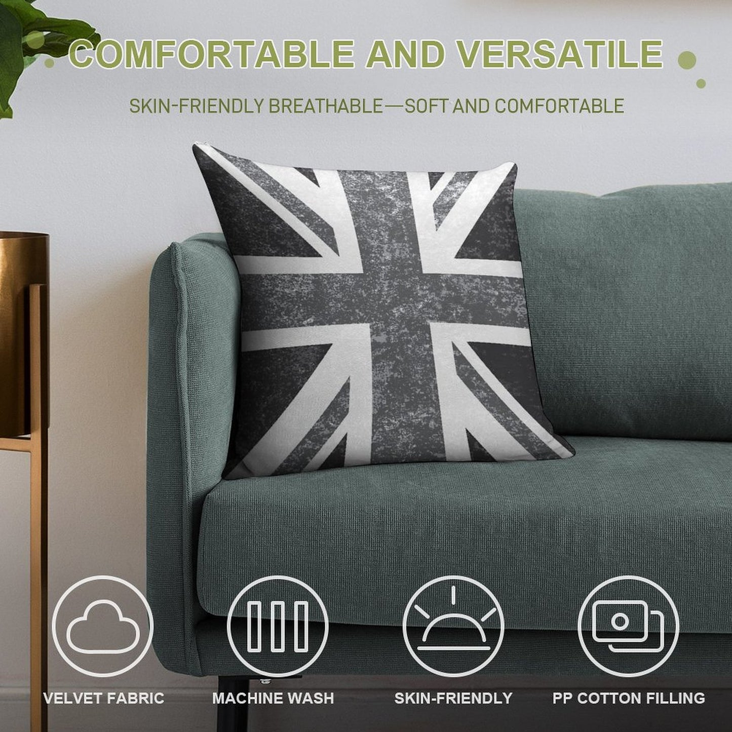 Union Jack Vintage Grayscale - United Kingdom Flag Soft Short Plush Fabric Throw Pillow