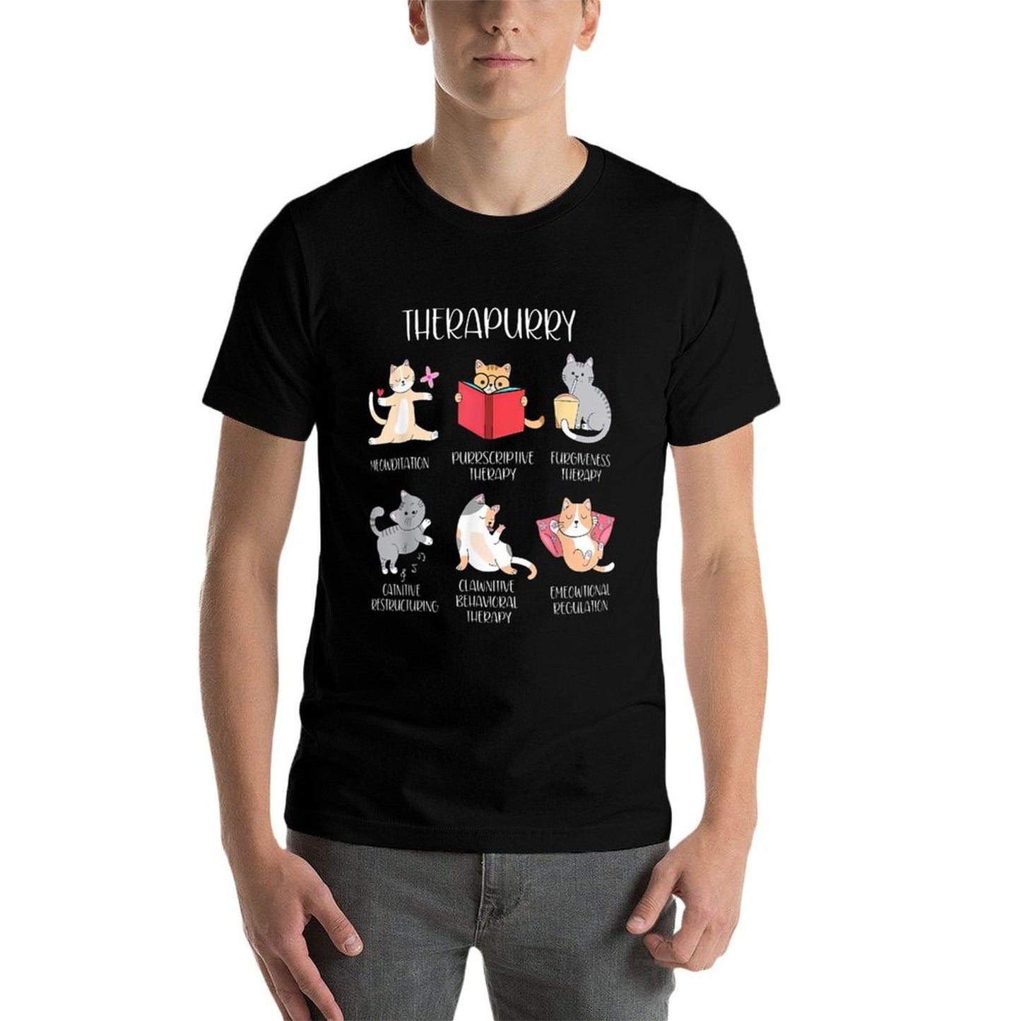 Therapurry Funny Cat Lover Therapy Cat Puns Mental Health Rolled Sleeves T-Shirt