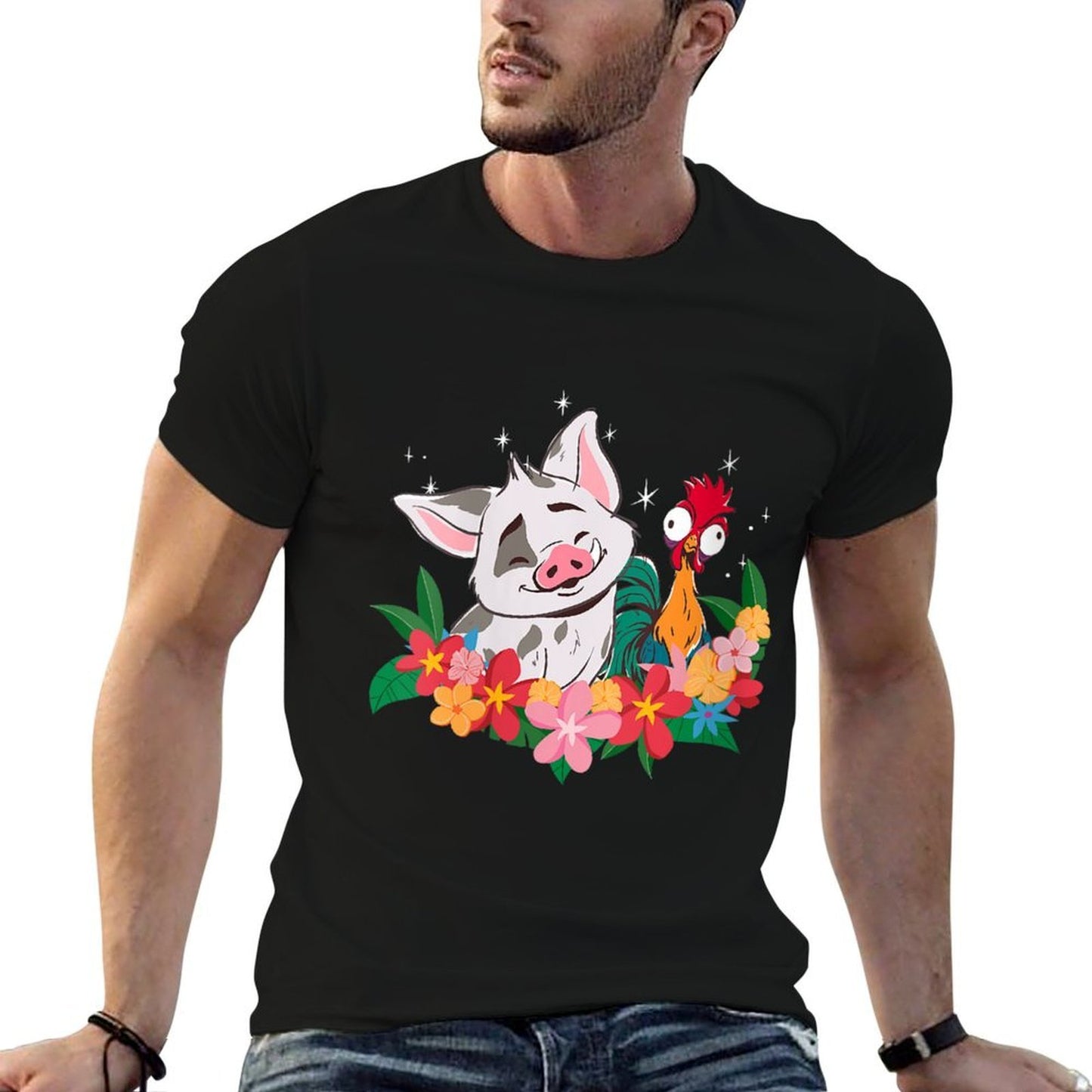 Womens Disney Moana 2 Cute Best Friends Hei Hei And Pua Floral Logo Cotton T-Shirt