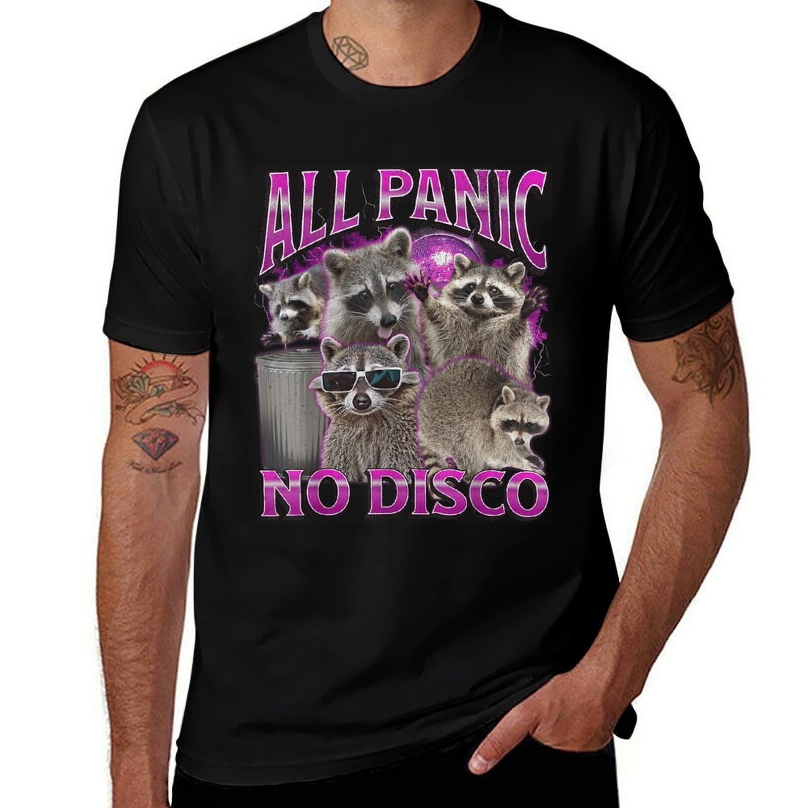 All Panic No Disco Funny Raccoon Meme Bootleg Graphic 90s  Eco-friendly Material T-Shirt