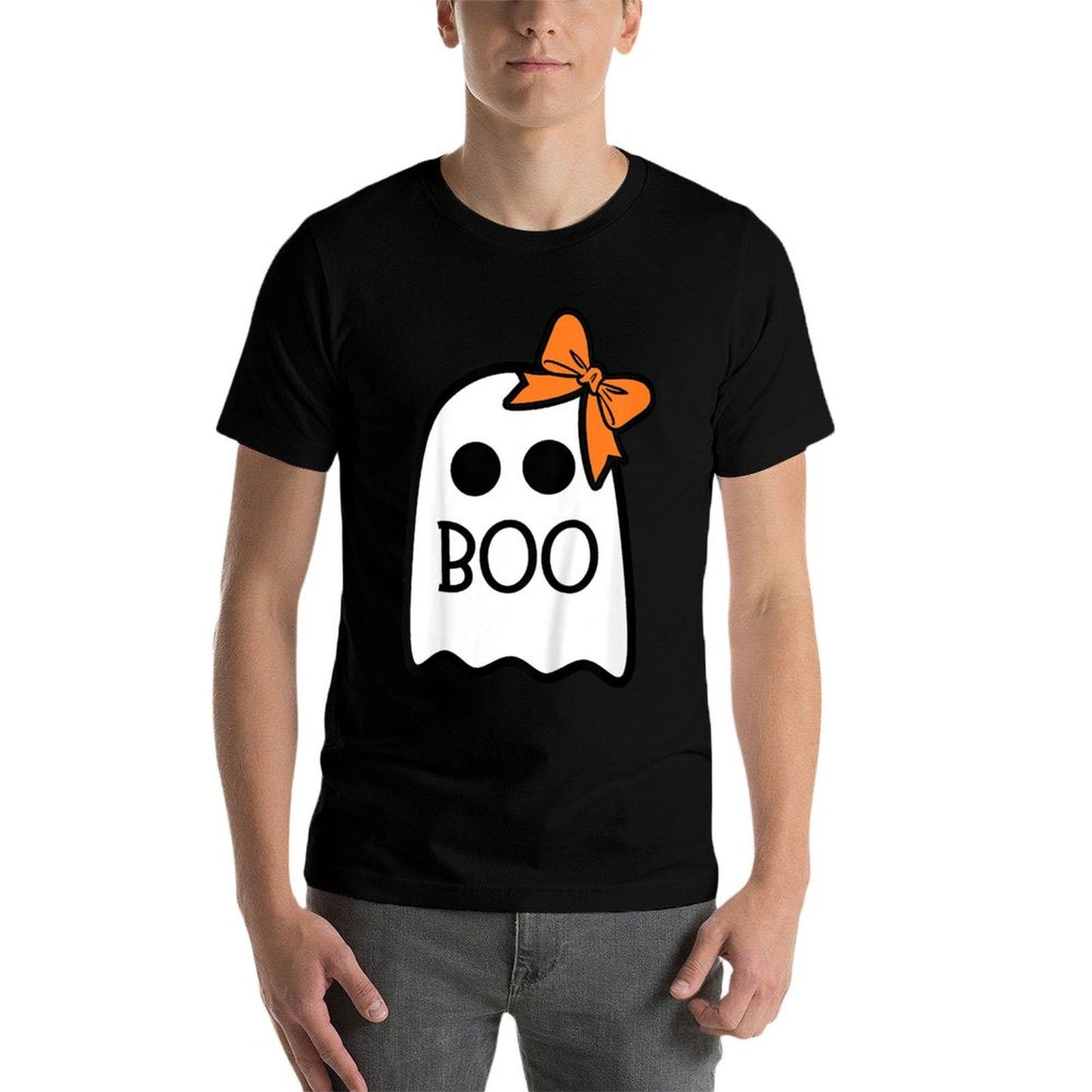 Toddler Ghost with Bow Boo Girls Halloween Ribbed Collar T-Shirt