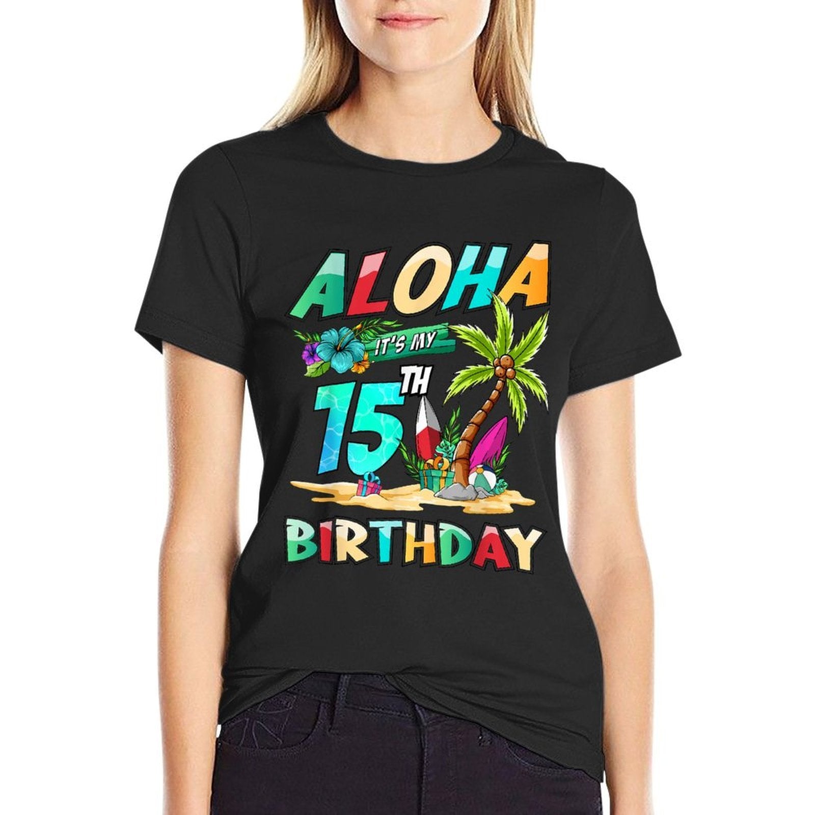 Aloha 15th Birthday Hawaiian Beach Tropical Theme Bday  Rolled Sleeves T-Shirt