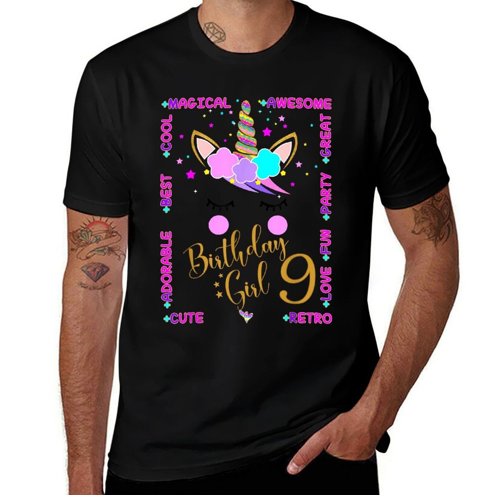 9th Unicorn Birthday Girl Nine Years Old Kids  Trendy Pattern T-Shirt