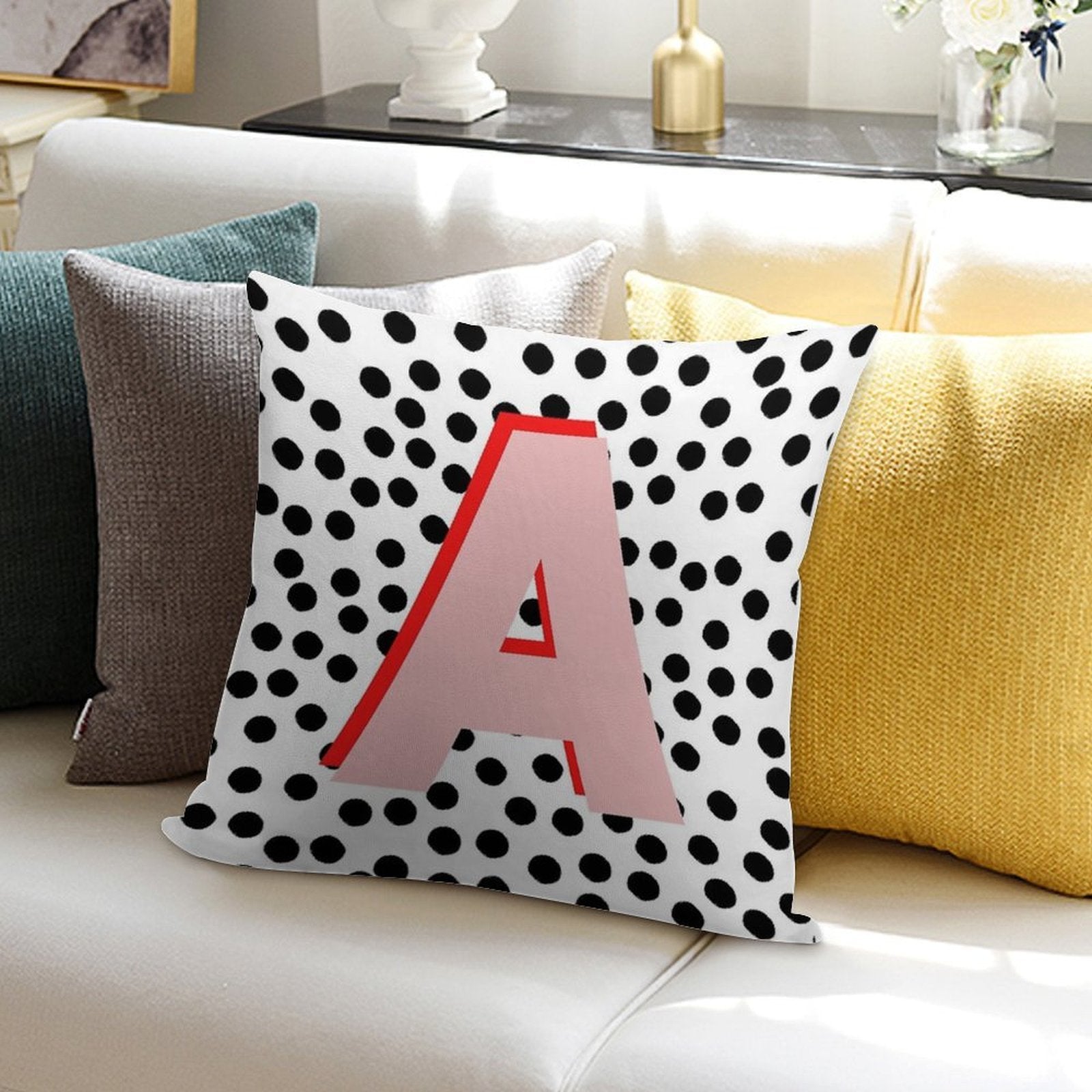 Black & White Dalmatian Print Spots With Pink Letter A Soft Durable Construction Throw Pillow