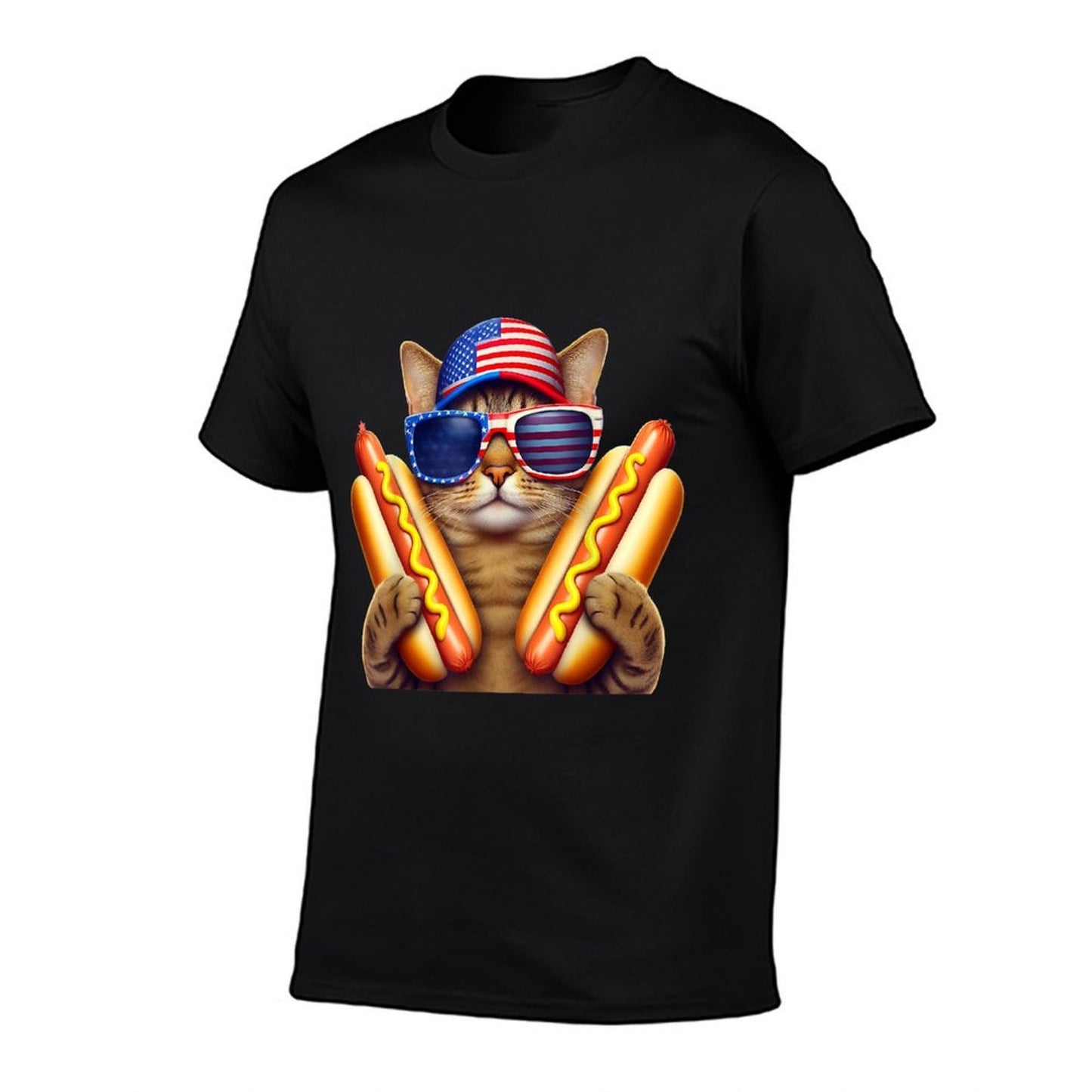 4th of July Hotdog Cat Funny Patriotic Cat USA Wiener  Polyester Blend T-Shirt