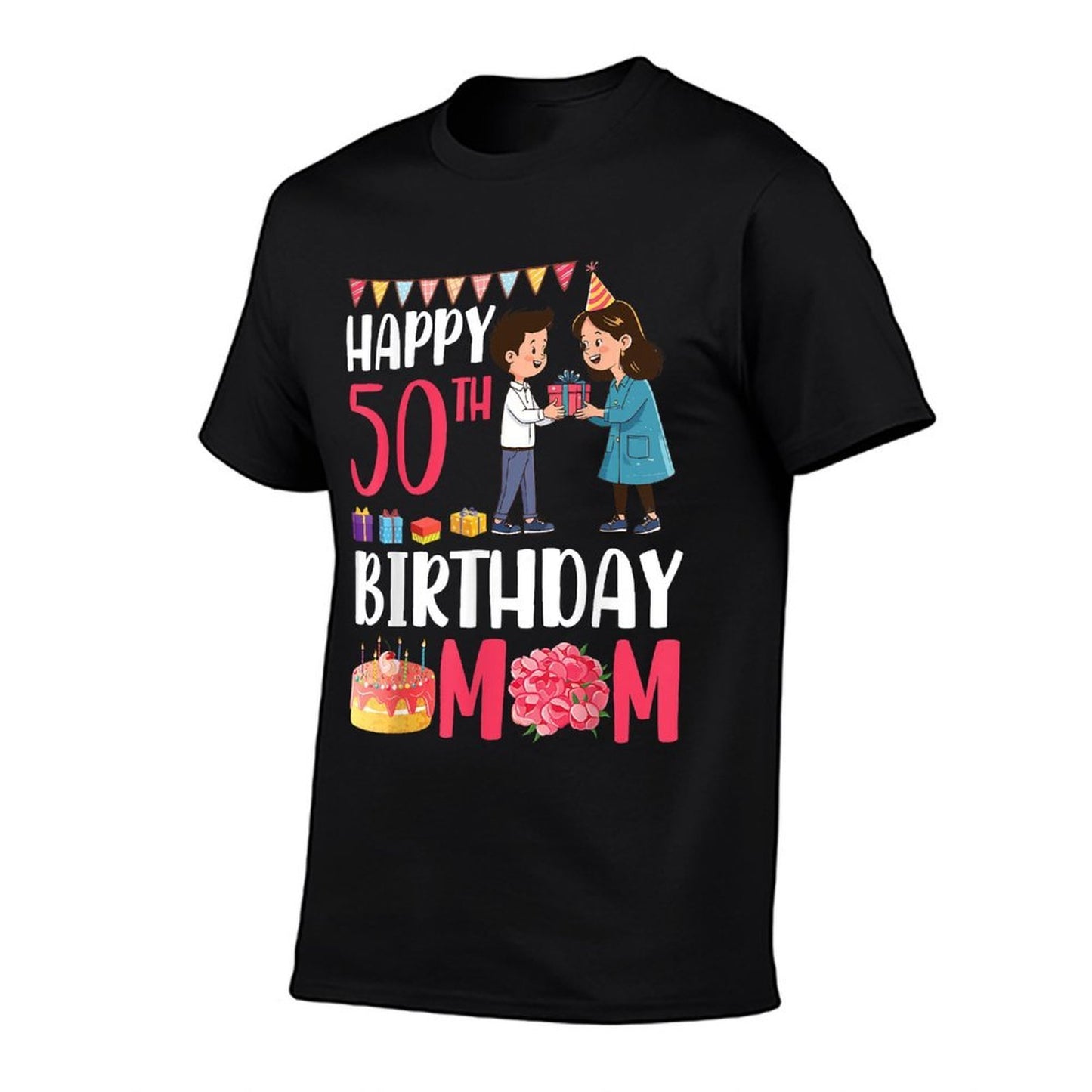 Son Happy 50th Birthday Mom With Presents Cake And Flowers Soft T-Shirt