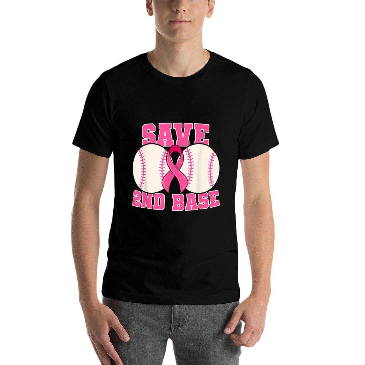 Save Second 2nd Base Breast Cancer Survivor Funny Baseball Fade-proof Color T-Shirt