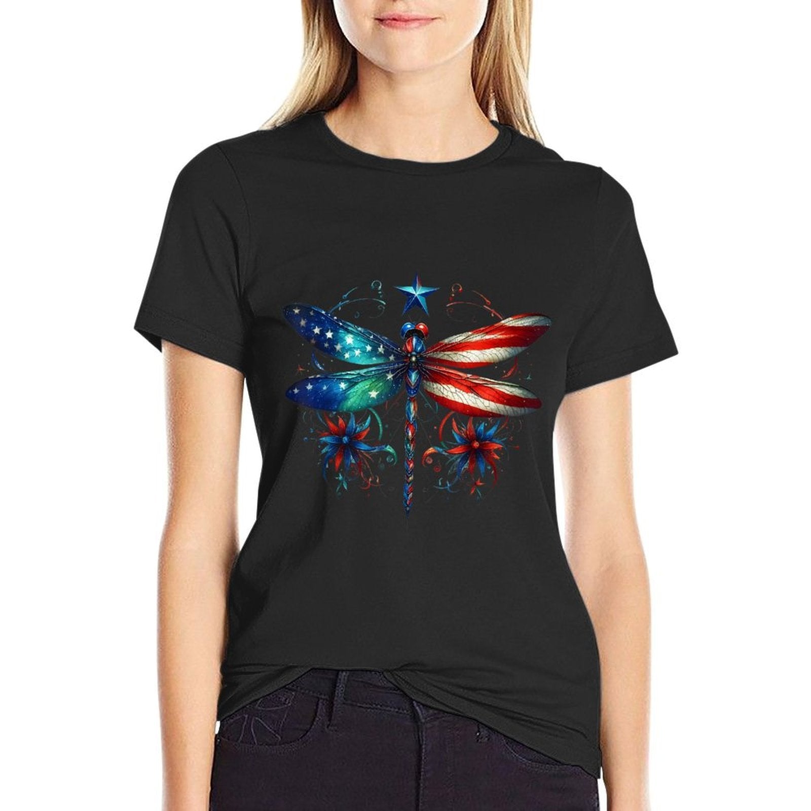 American Dragonfly Patriotic 4th of July Red White Blue  Oversized Silhouette T-Shirt