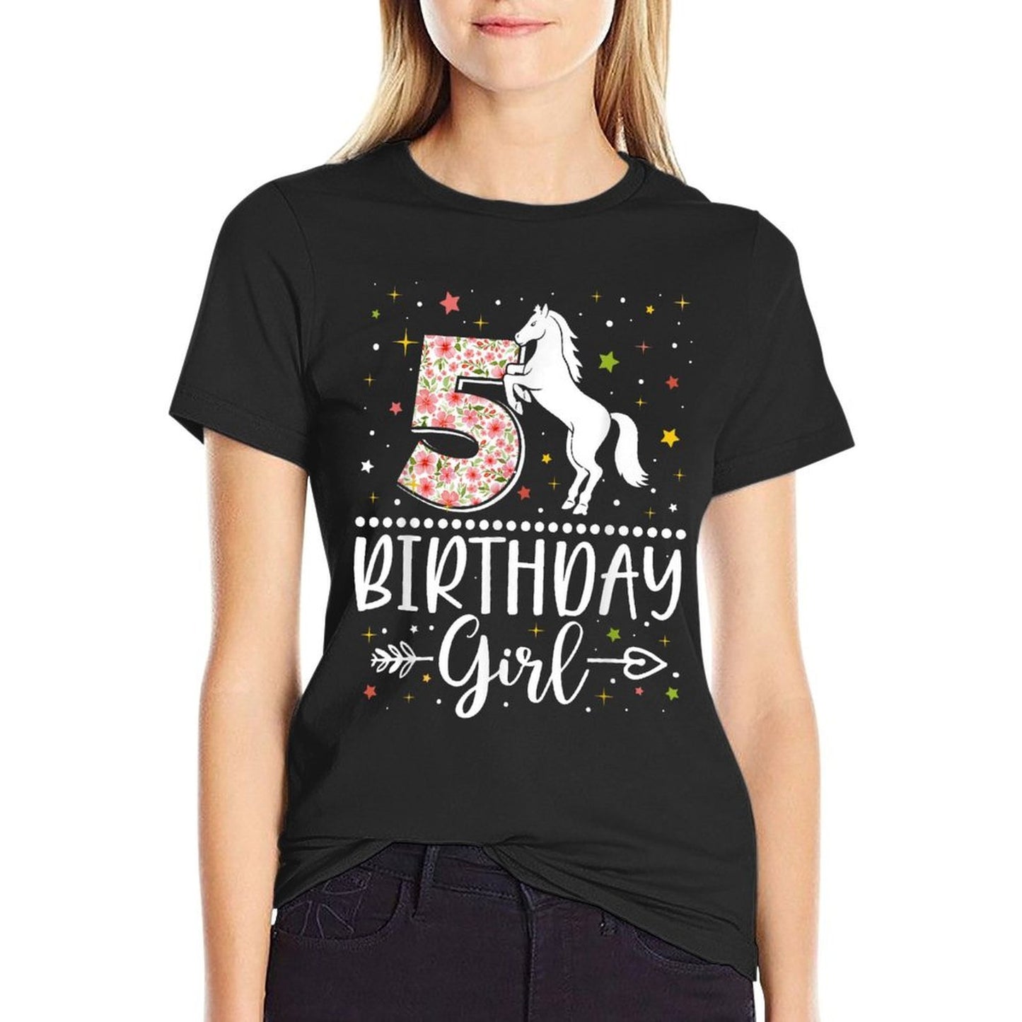 5 Year Old Horse Lover 5th Birthday Girl Horse Riding Bday  Wrinkle-resistant T-Shirt