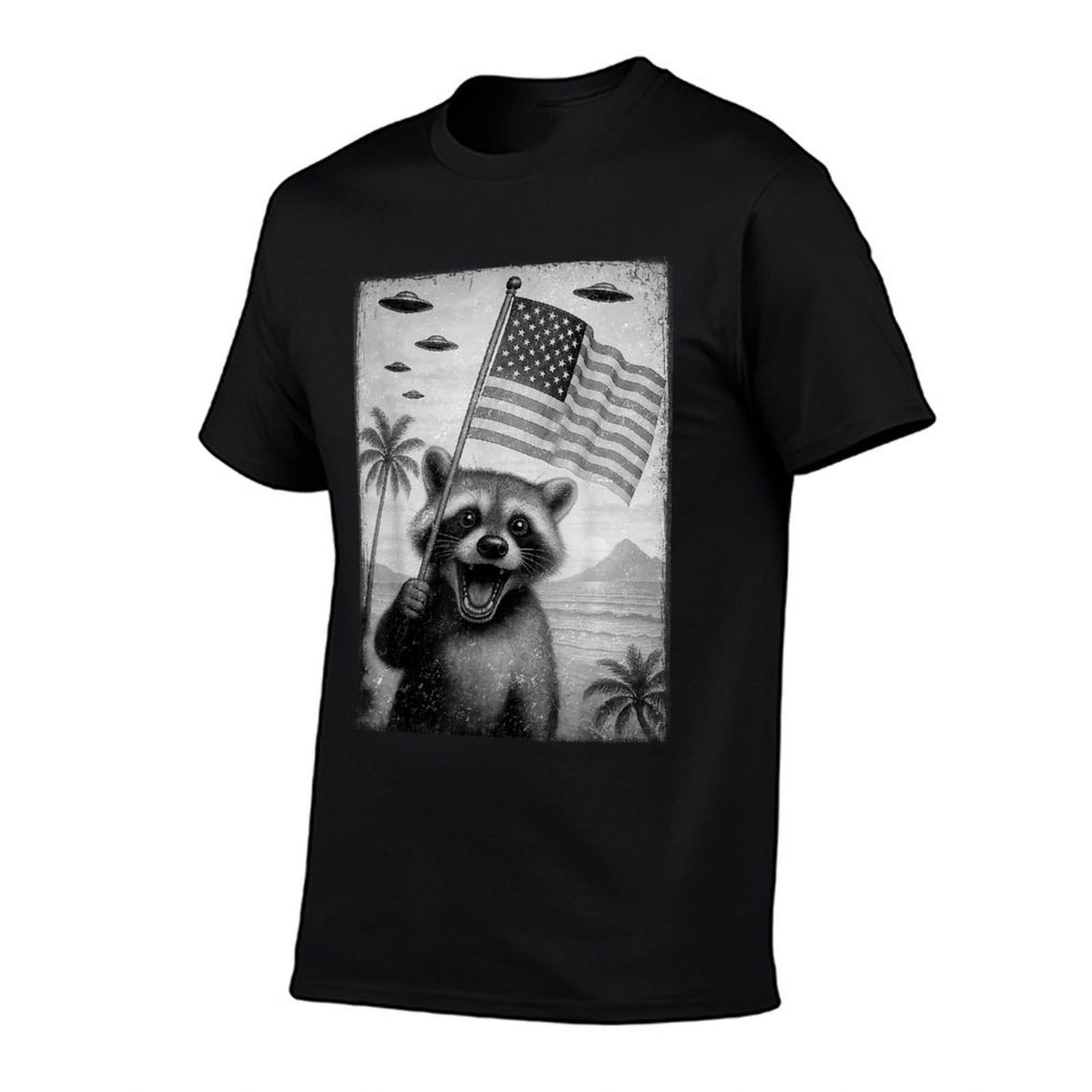 Funny Racoon Selfie with UFOs Meme 4th Of July Men Kid  High-quality Stitching T-Shirt