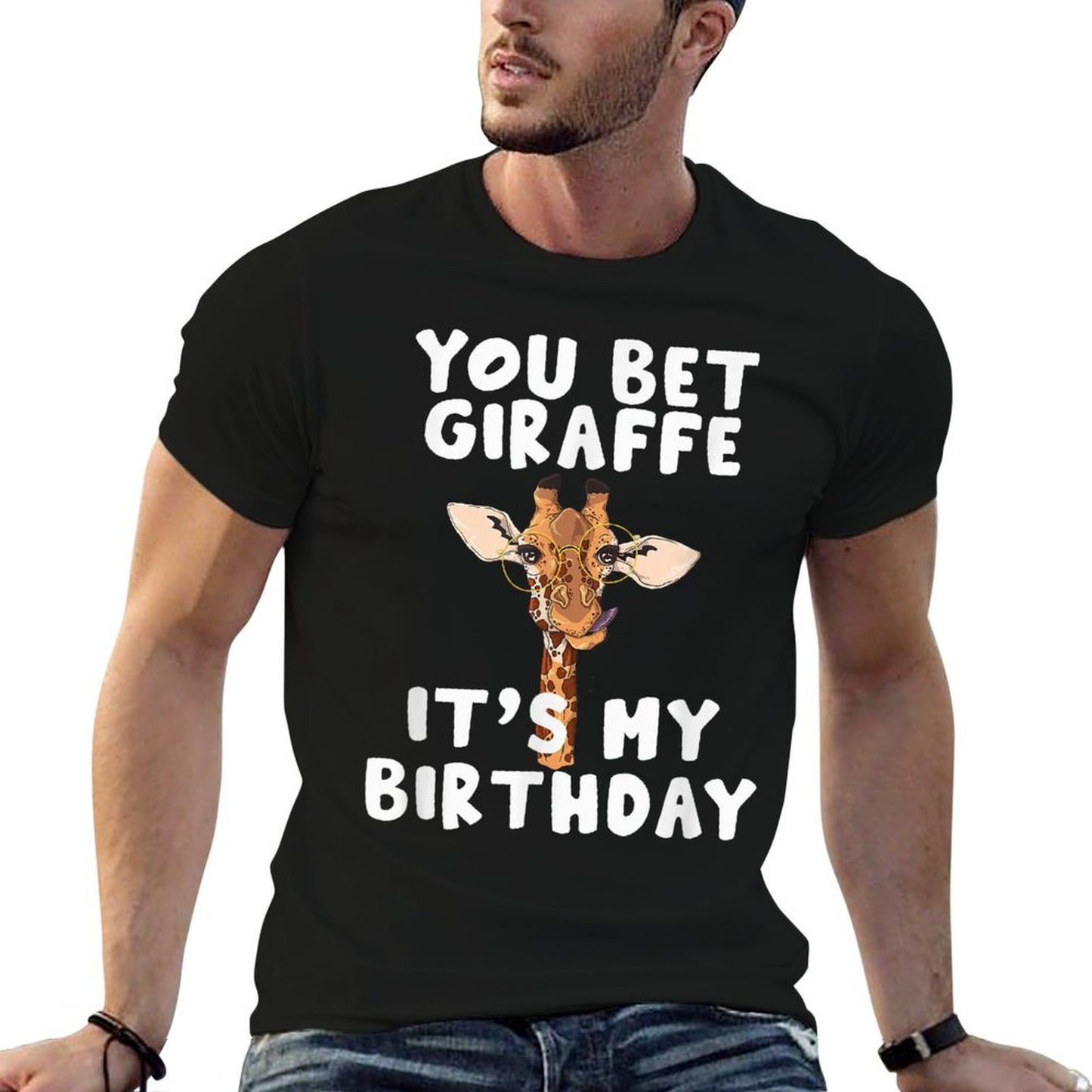 You Bet Giraffe It's My Birthday Funny Giraffe Ribbed Collar T-Shirt