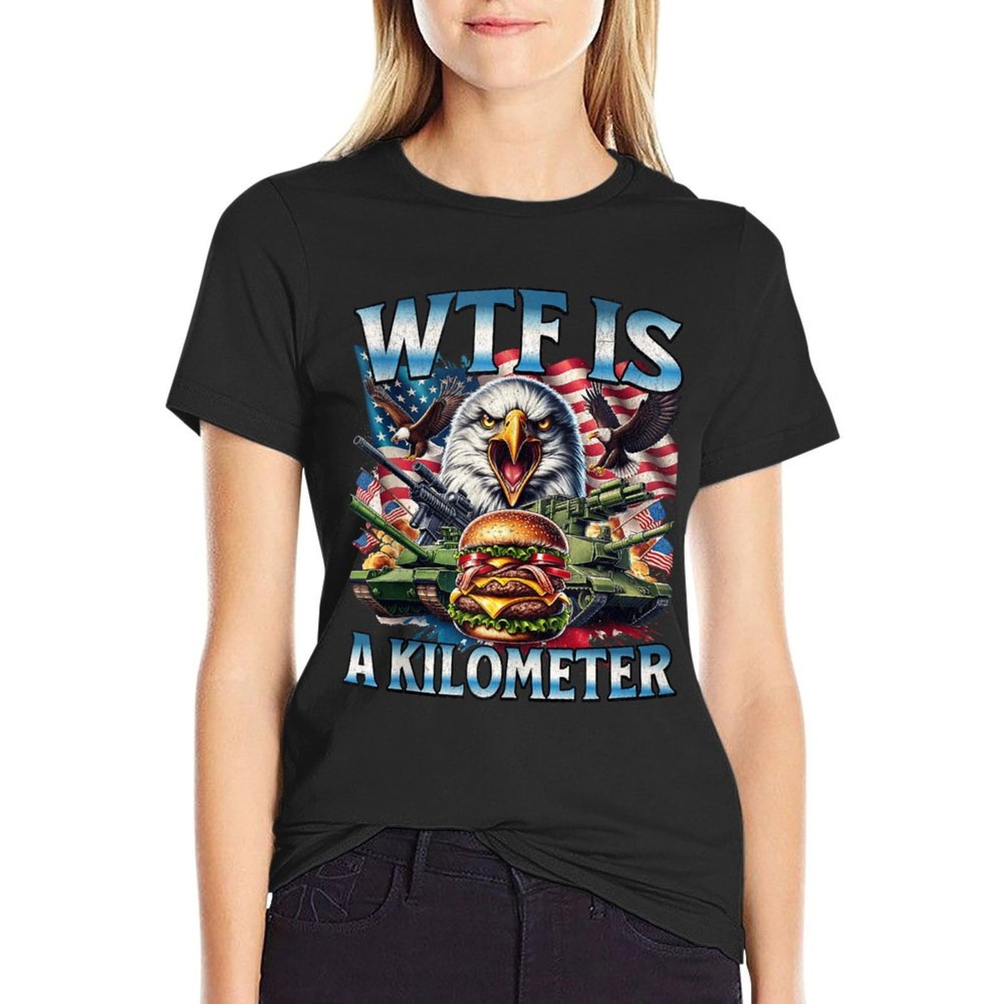 Retro WTF Is A Kilometer Funny Patriotic American Freedom Oversized Silhouette T-Shirt
