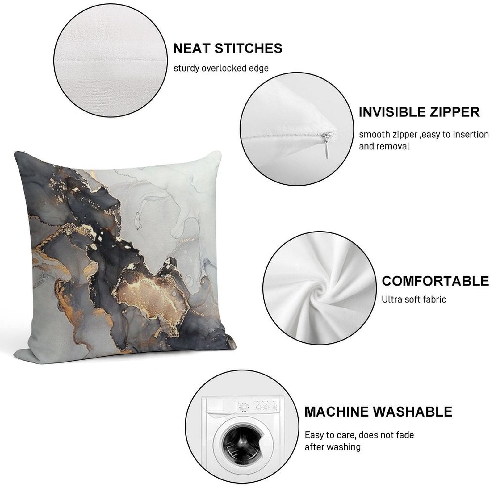 Marble Gray Black Gold Soft Washable Throw Pillow