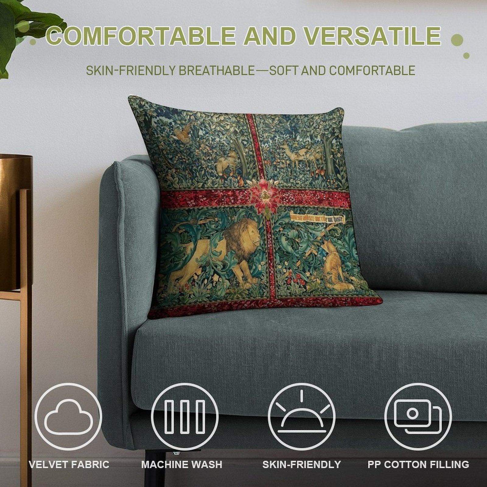 GREENERY FOREST ANIMALS ,LION ,FOX,PHEASANT AND DOES Red Green Floral Tapestry Soft Ultra-Soft Texture Throw Pillow