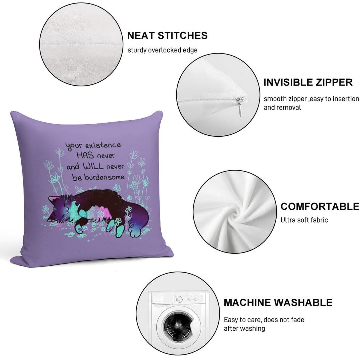 Your Existence Neon Sleepy Kitty Soft Washable Throw Pillow