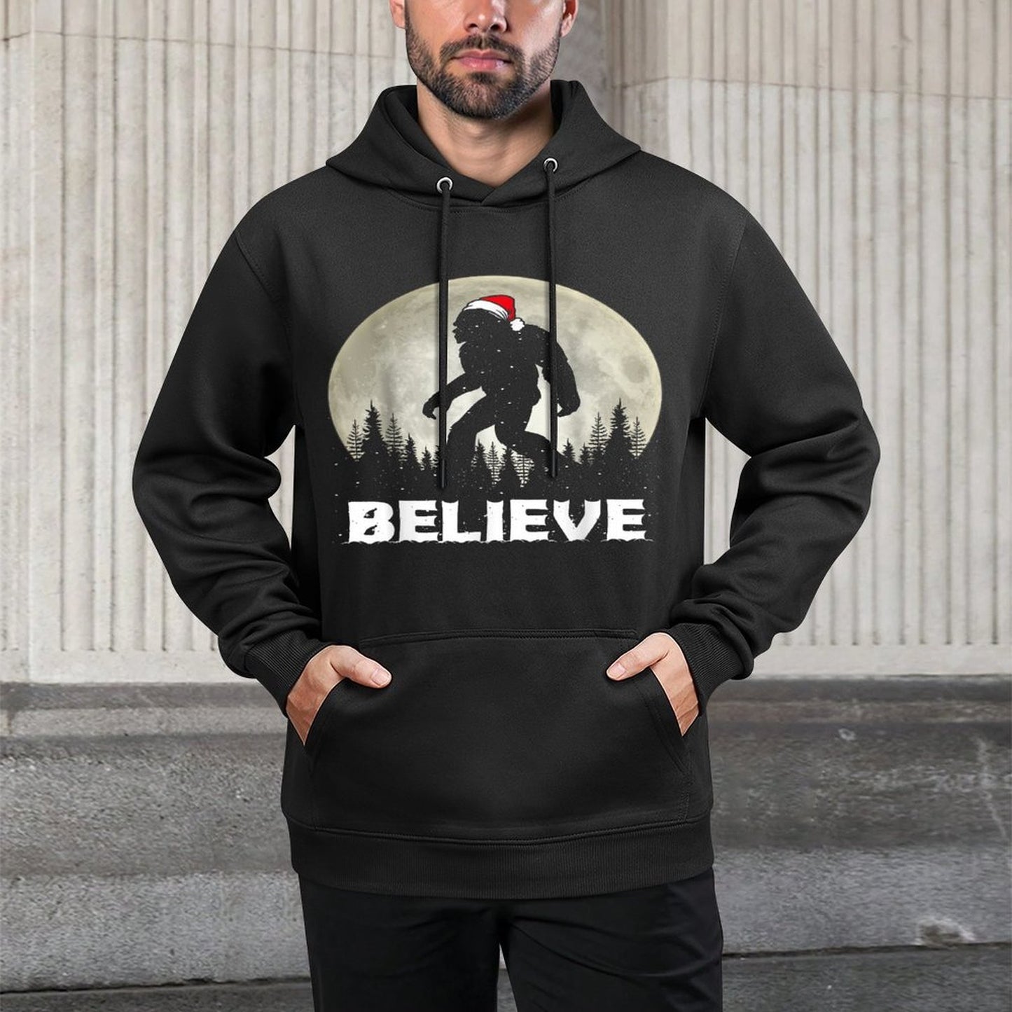 Santa Hat Bigfoot Believe Christmas Lights Rock Sasquatch Versatile Streetwear Hoodie