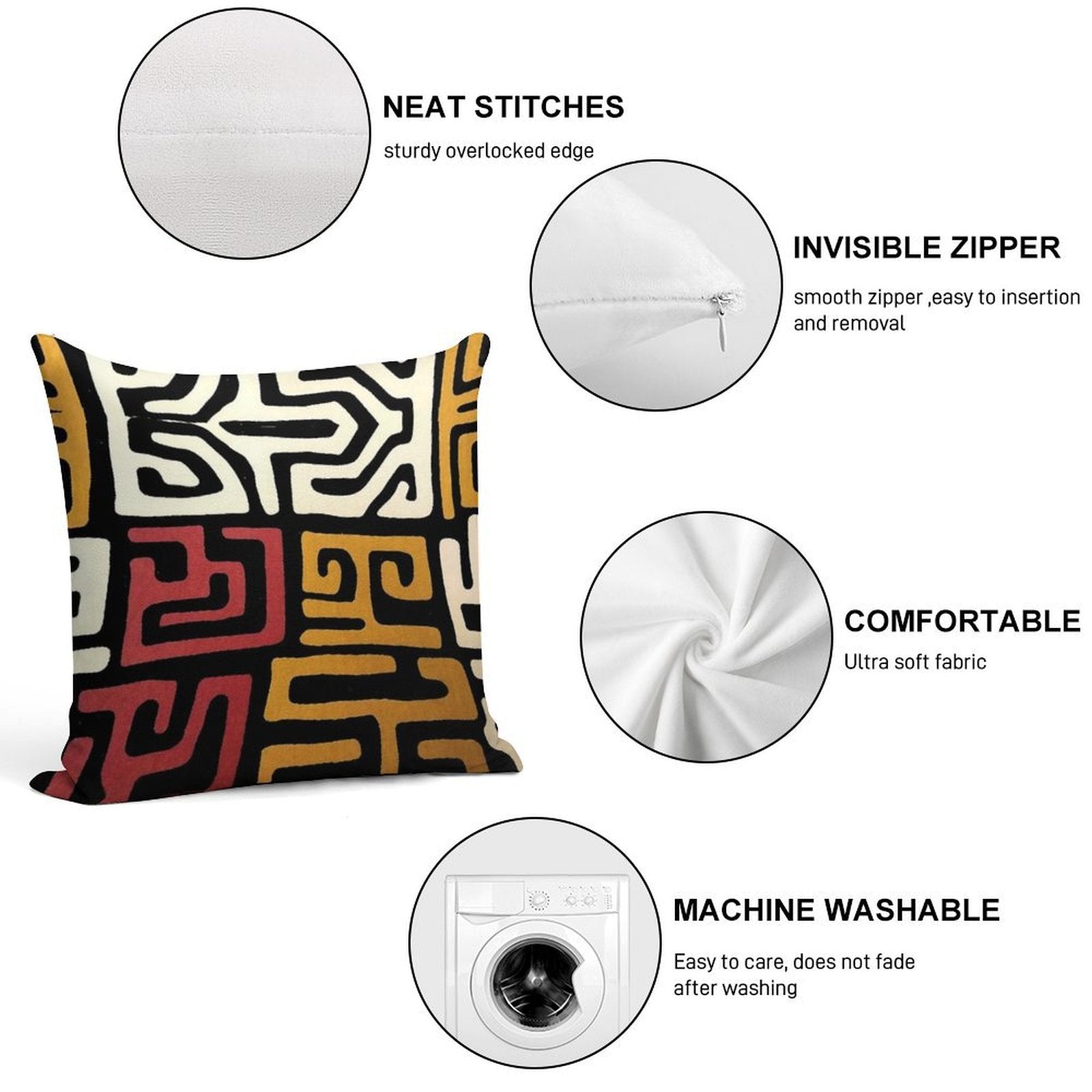 African Mudcloth Soft Washable Throw Pillow