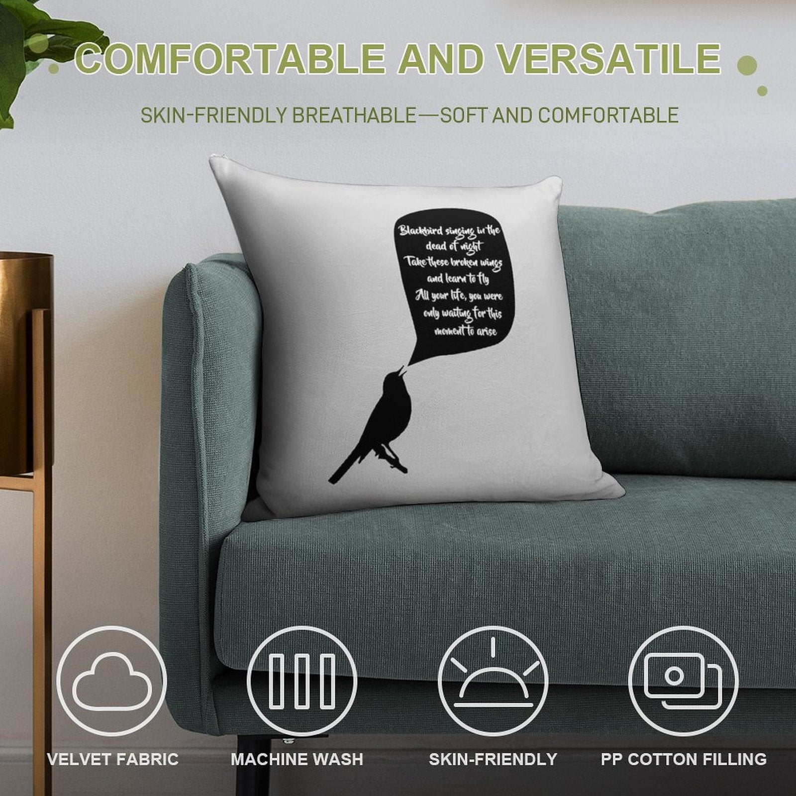 Blackbird Soft Short Plush Fabric Throw Pillow