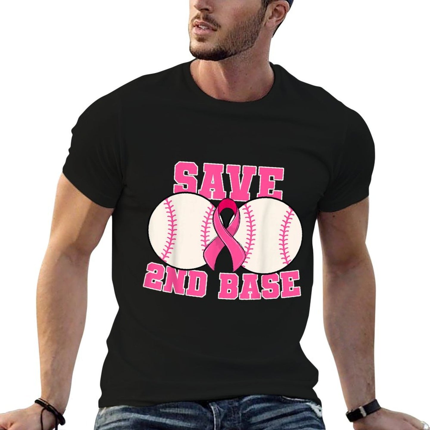 Save Second 2nd Base Breast Cancer Survivor Funny Baseball Fade-proof Color T-Shirt