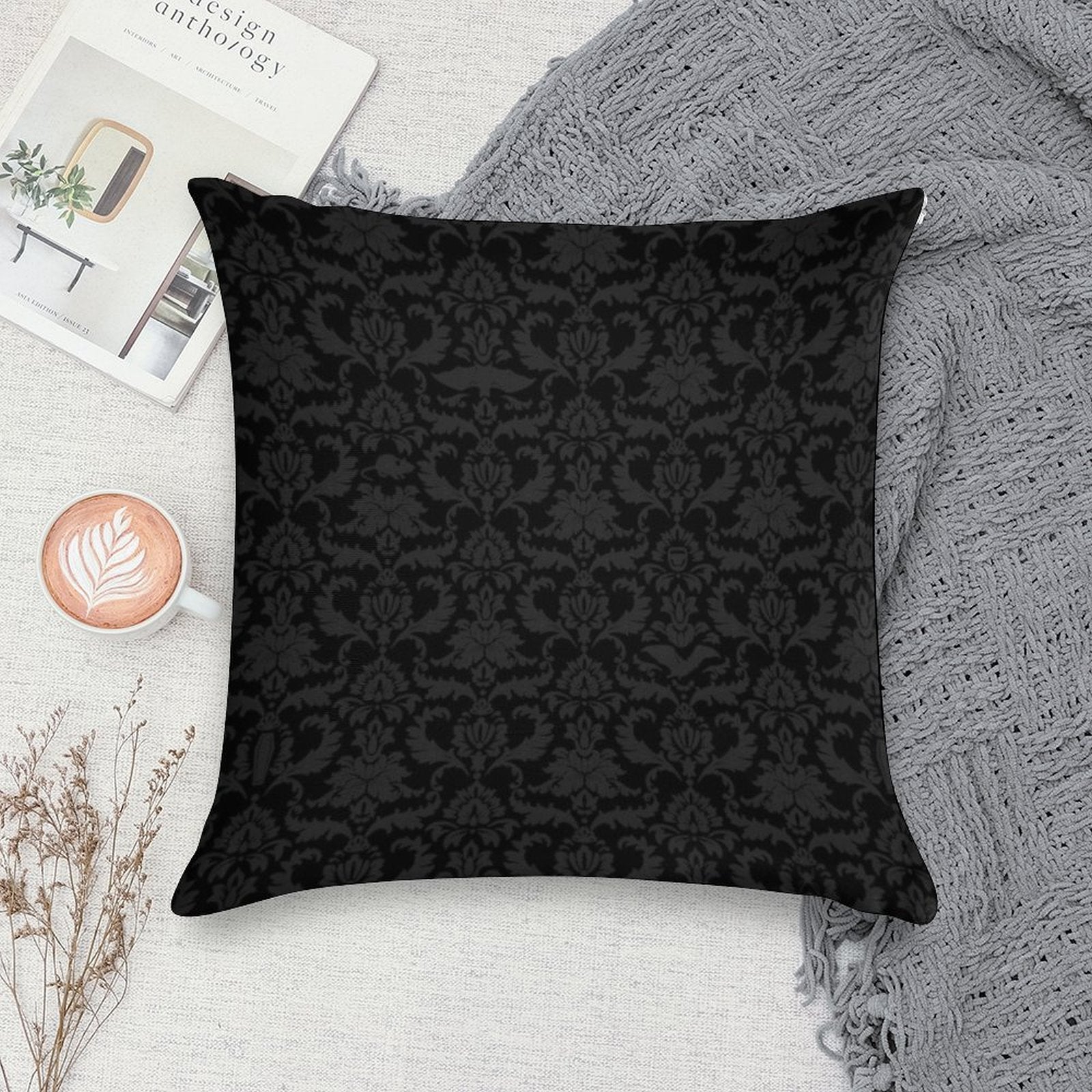 Victorian Gothic Pattern (Black) Soft Washable Throw Pillow